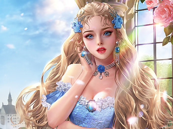 Girl, Pearl necklace, Gem, Princess, Blue dress, Earrings, Blue eyes HD wallpaper
