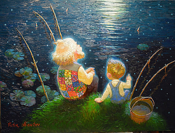 A fisher's tale, art, copil, lake, summer, fisher, painting, grandfather, pictura, victor nizovtsev, water, child HD wallpaper