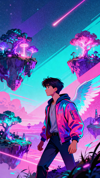 Neon Winged Wanderer — Floating Isles, fantasy, anime boy, wings HD phone wallpaper