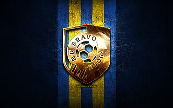 Bravo FC, golden logo, Prva liga, blue metal background, football, Slovenian football club, NK Bravo logo, soccer, Slovenia, NK Bravo HD wallpaper