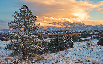 Sandia Mountains with Snow at Sunset, Albuquerque, New Mexico, winter, clouds, trees, landscape, sky, rocks, usa HD wallpaper