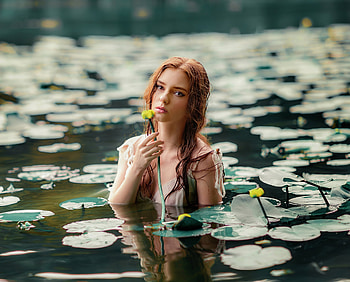 Girl with flowers, outdoor, lake HD wallpaper