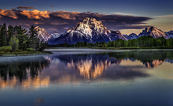Teton Range, Snake River, Wyoming, sky, reflection, water, evening HD wallpaper