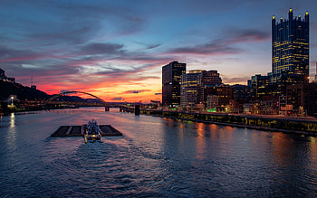 Sunset, river, nature, city HD wallpaper