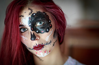 Dia de los muertos, makeup, halloween, model, face, redhead, girl, woman HD wallpaper