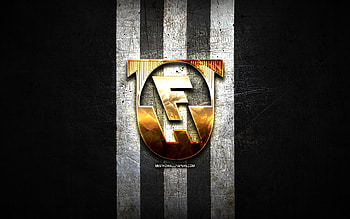 Hafnarfjordur FC, golden logo, Icelandic Football League, black metal background, football, Icelandic football club, Hafnarfjordur FC logo, soccer, FH Hafnarfjordur HD wallpaper