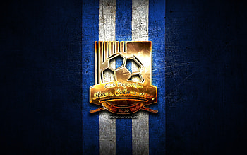 Hermanos Colmenares FC, golden logo, La Liga FutVe, blue metal background, football, Venezuelan football club, CD Hermanos Colmenares logo, soccer, Venezuelan Primera Division, CD Hermanos Colmenares HD wallpaper