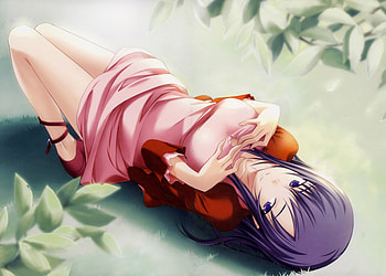 original, brown eyes, yard, purple hair, blush, long hair, dress, sleep HD wallpaper