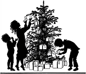 The Christmas tree, black, white, craciun, family, christmas, card, tree, silhouette HD wallpaper