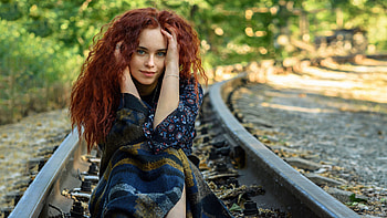 Redhead Girl Model Is Sitting On Railway Track Wearing Blue Dress Girls HD wallpaper