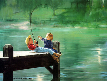 The big catch, by Donald Zolan, frindship, painting, boy, art, donald zolan, fish, girl, water HD wallpaper