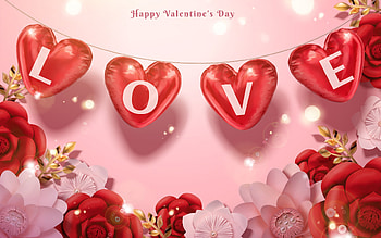 valentine, word, pink, flower, love, red, card, balloon HD wallpaper