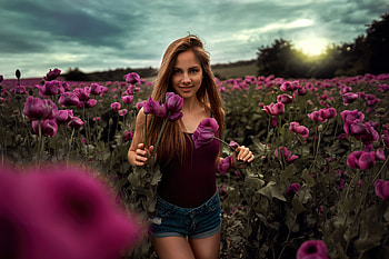Long Hair Women Outdoor In Flower Field , women, girls, model, field HD wallpaper