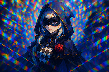 Prismatic Masquerade — Cloaked Harlequin, Anime Girl, Mask, Hood, Rose HD wallpaper