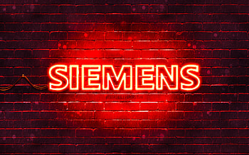 Siemens red logo, , red brickwall, Siemens logo, brands, Siemens neon logo, Siemens HD wallpaper