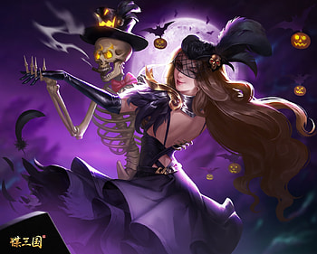 Fantasy girl, frumusete, smash of dynasty, skeleton, shaobing wang, halloween, purple, fantasy, moon, luna HD wallpaper