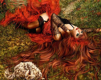 Red Head And Cat, grass, cat, red hair, woman HD wallpaper