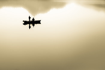Lake, Silhouettes, Minimalism, Boat, Fishermen HD wallpaper