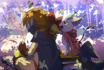 Wizardmon & Gatomon, Wizardmon, Test Tube, Leaves, Anime Friends, Friends, Digimon, Red Bow, Gatomon, Anime, Books, Blonde, Cat, Blue Eyes, Spell Components, Big Eyes HD wallpaper