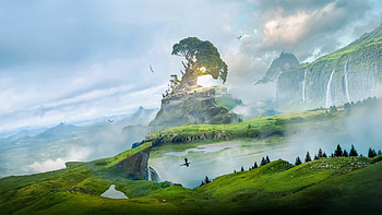 Evergrowth, tree, landscape, dragon, fantasy, fantasy landscape HD wallpaper