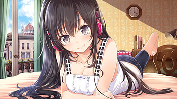 Listening to Music, room, heads, window, smile, cute, gray eyes, lie, panrs, shirt, brown hair, blush, lovely HD wallpaper