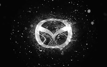 Mazda white logo, , white neon lights, creative, black abstract background, Mazda logo, cars brands, Mazda HD wallpaper