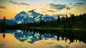 Mt. Baker wilderness, Washington state, colors, reflections, usa, clouds, trees, sky, mountains, water, sunset HD wallpaper