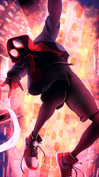 spider man in verse, falling, magenta, footwear, pink, spider man, webs HD phone wallpaper