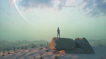 Boy Standing On Rock Looking At Landscape View , alone, artist, artwork, digital-art, behance HD wallpaper