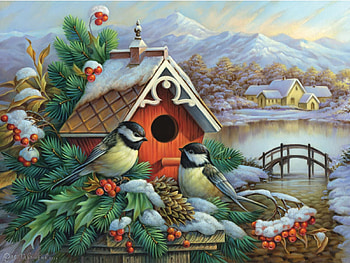 Red Birdhouse And Chickadees, river, winter, birds, painting, snow, bridge, mountains, village HD wallpaper