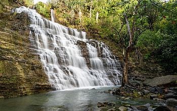 Tarzan Falls, Guam, rocks, river, cascades, trees, forest, stones HD wallpaper