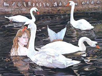 with swans, swimming, swans, water, woman HD wallpaper