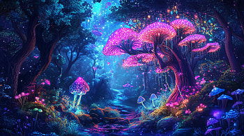 Enchanting of a Magical Forest, magical forest, fantasy landscape, glowing mushroom, vibrant colors HD wallpaper