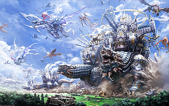 Living Fortress, guns, armor, dragons, anime, fantasy, clouds, sky, beasts HD wallpaper