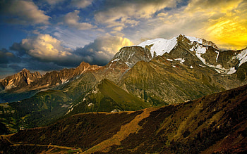 Nature, Sunset, Sky, Mountains, Clouds, Snow, Vertex, Relief, Evening, Tops, Ridge, Spine HD wallpaper