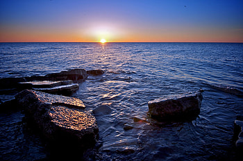 Blue beginning, blue, oceans, popular, colors, rocks, sunrise, beauty, shore, nature, water, places HD wallpaper