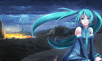 Hatsune Miku, awesome, uniform, artistic, nice, digital, sitting, cg, hatsune, volcano, aqua eyes, outfit, white, art, twintail, thigh highs, girl, singer, aqua, anime girl, plant, anime, pretty, light, twin tail, virtual, fire, stockings, storm, blue, black, song, leggings, cute, vocaloid, beauty, miku, music, vocaloids, thighhighs, amazing, pot, stunning, program, skirt, beautiful, diva, stormy, tie, lightning, thunder, wind, gray clouds, aqua hair, cool, clouds, forest, idol HD wallpaper