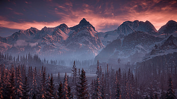 Horizon Zero Dawn Nature Mountains Trees Sky , horizon-zero-dawn, games, pc-games, xbox-games, ps-games, trees, mountains, sky, nature HD wallpaper