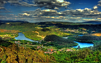 Landscape, Nature, Rivers, Sky, Clouds, City, Hills, View, Island, Shadows, Brightly, Contrast, From Above, Above, Woods, Scaffolding HD wallpaper
