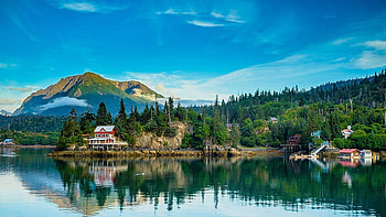 Landscape View Of House Green Trees Mountain Forest Background Reflection On Water Nature HD wallpaper