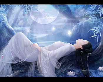 Moon, lady, fantasy, oriental, beauty HD wallpaper