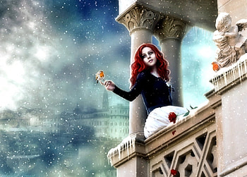Winter on the Balcony, Bird, Woman, Winter, Balcony HD wallpaper