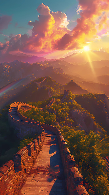 Great wall of China sunset 2, sunset, rainbow HD phone wallpaper