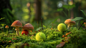 Enchanted Forest Tennis Ball and Mushrooms, tennis ball, mushroom HD wallpaper