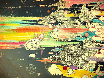 Artistic Drawing, circles, ships, planets, arrows, clouds, colors HD wallpaper