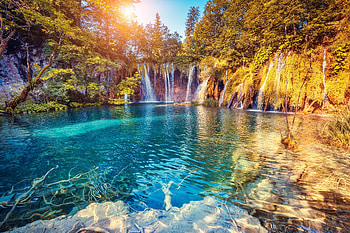 Nature, Trees, Summer, Bright, Waterfall, Break, Precipice, Sunlight HD wallpaper