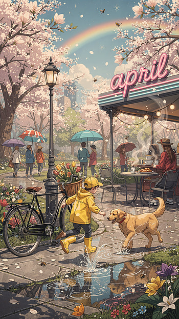 April Rainbow Stroll - | Spring Puddle Play | Cafe in April, boy, dog, park HD phone wallpaper