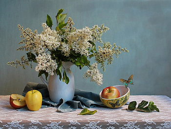 Still Life, graphy, lilacs, vase, fruits, leaves, butterfly, green, apple, flowers HD wallpaper