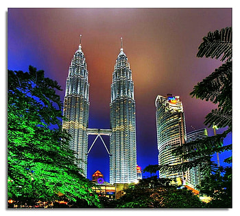 Towers of our time, towering, skyscrapers, windows, lights, trees, glass, modern city, steel HD wallpaper