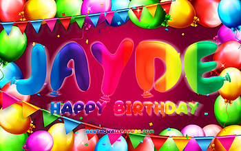 Happy Birtay Jayde, , colorful balloon frame, Jayde name, purple background, Jayde Happy Birtay, Jayde Birtay, popular american female names, Birtay concept, Jayde HD wallpaper